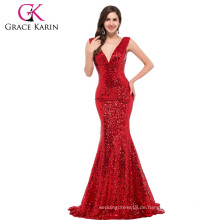 Grace Karin Modische tiefe V-Ausschnitt glänzende rote Sequins Abendkleid CL6052-3 #